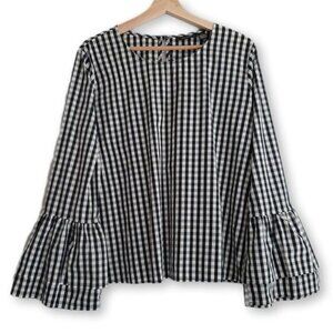 HALOGEN | Nordstrom Gingham Ruffle Bell Sleeves Poplin Blouse Sz L